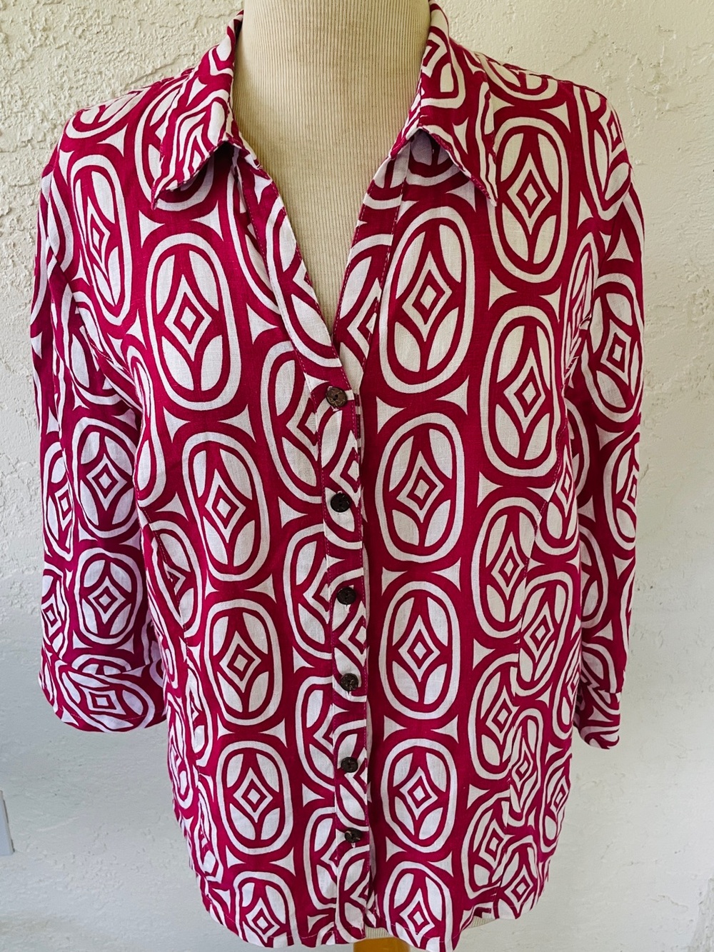 JM Collection Red White Geometric Button Front 100% Linen Blouse Size 14